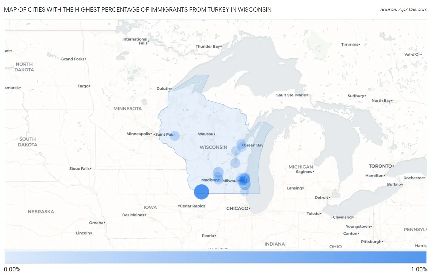 Cities with the Highest Percentage of Immigrants from Turkey in Wisconsin Map