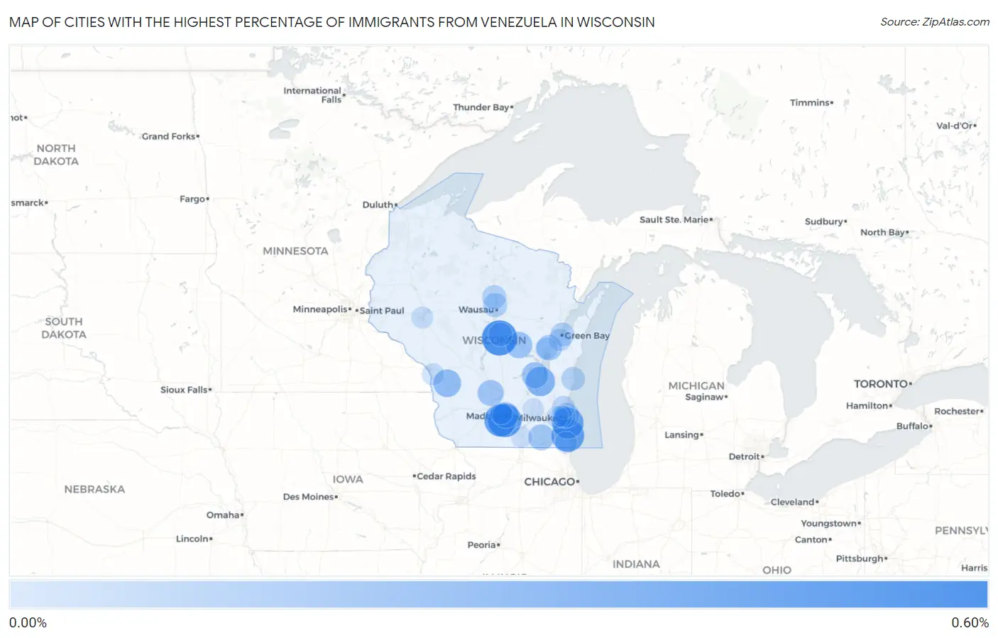 Cities with the Highest Percentage of Immigrants from Venezuela in Wisconsin Map