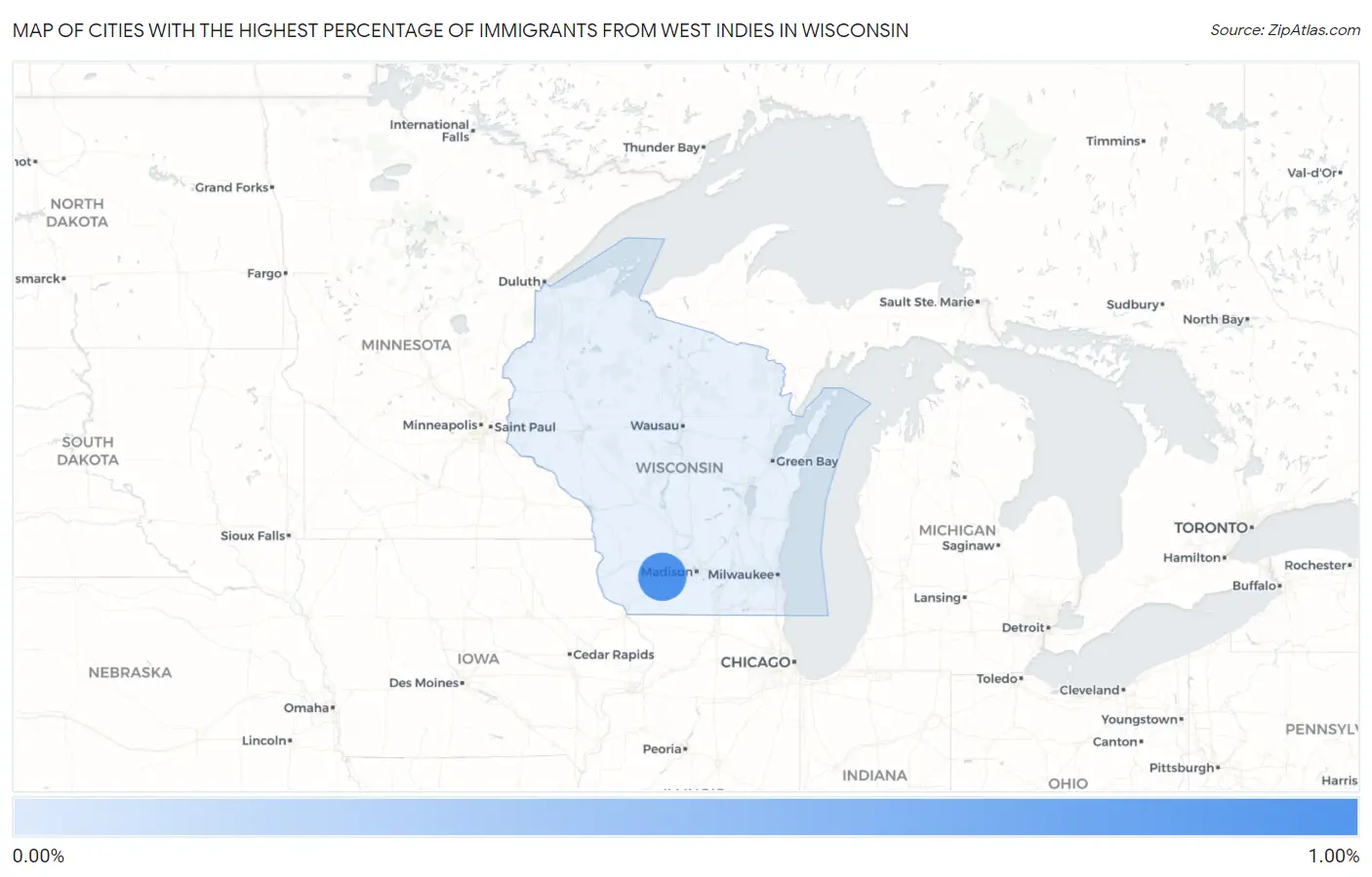 Cities with the Highest Percentage of Immigrants from West Indies in Wisconsin Map