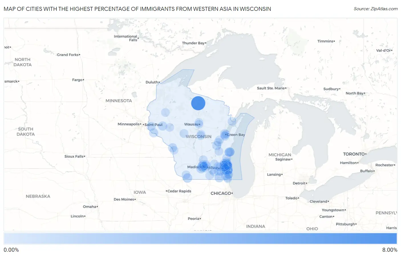 Cities with the Highest Percentage of Immigrants from Western Asia in Wisconsin Map