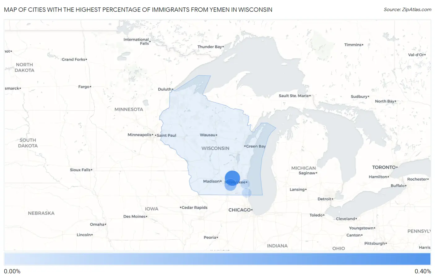 Cities with the Highest Percentage of Immigrants from Yemen in Wisconsin Map