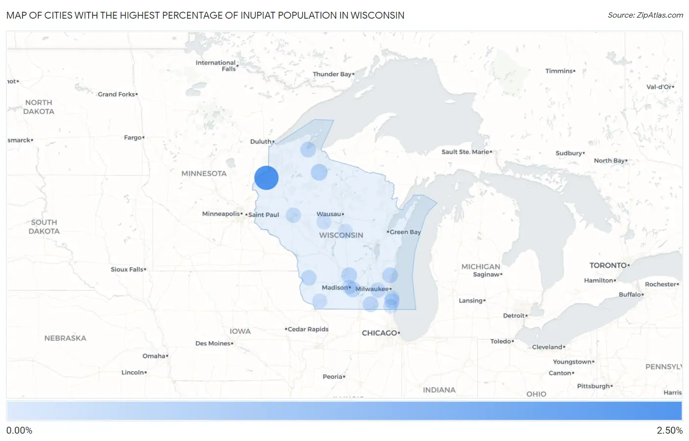 Cities with the Highest Percentage of Inupiat Population in Wisconsin Map