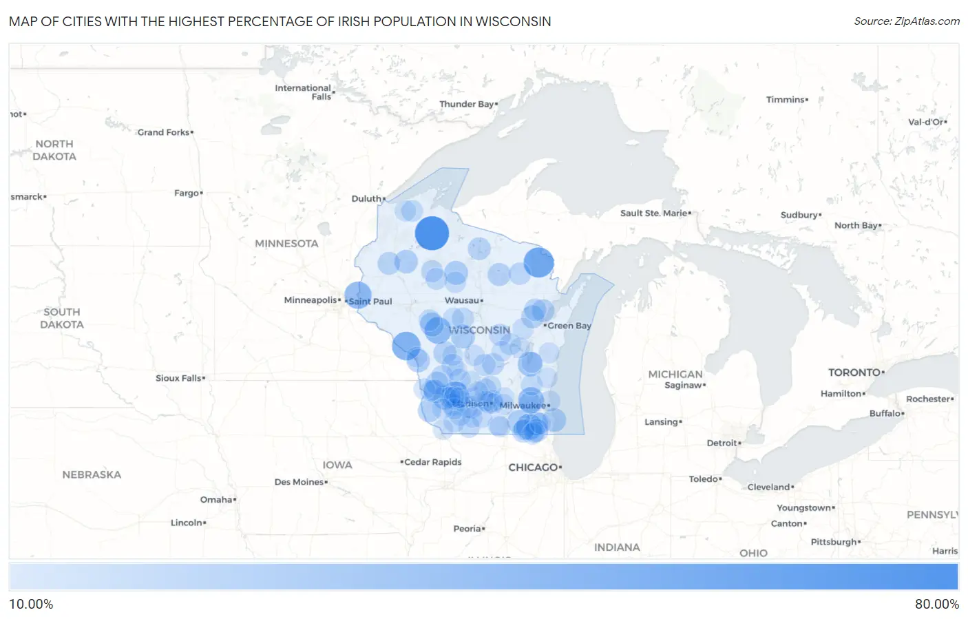 Cities with the Highest Percentage of Irish Population in Wisconsin Map