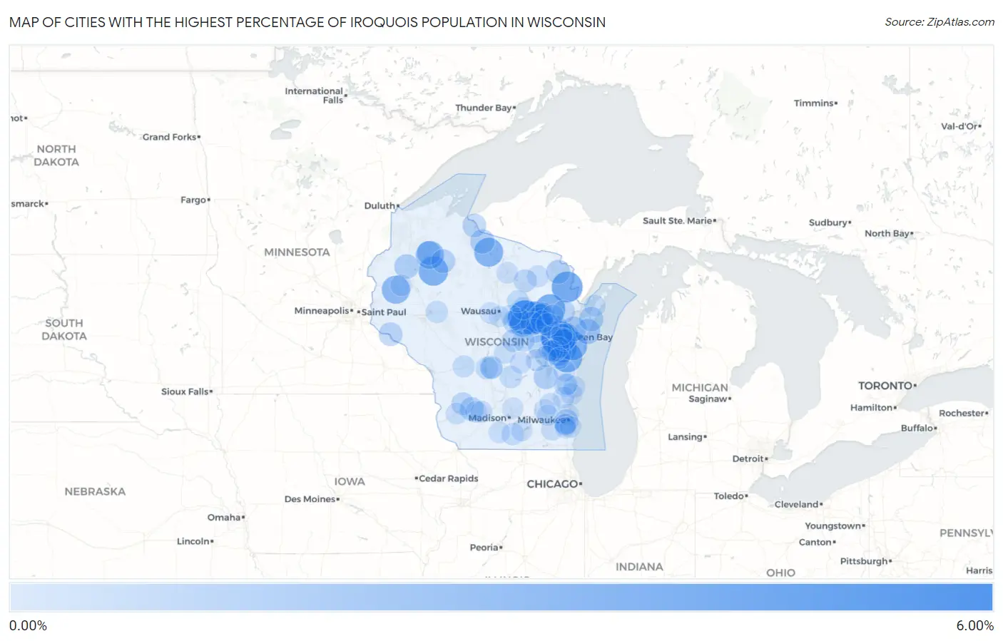 Cities with the Highest Percentage of Iroquois Population in Wisconsin Map