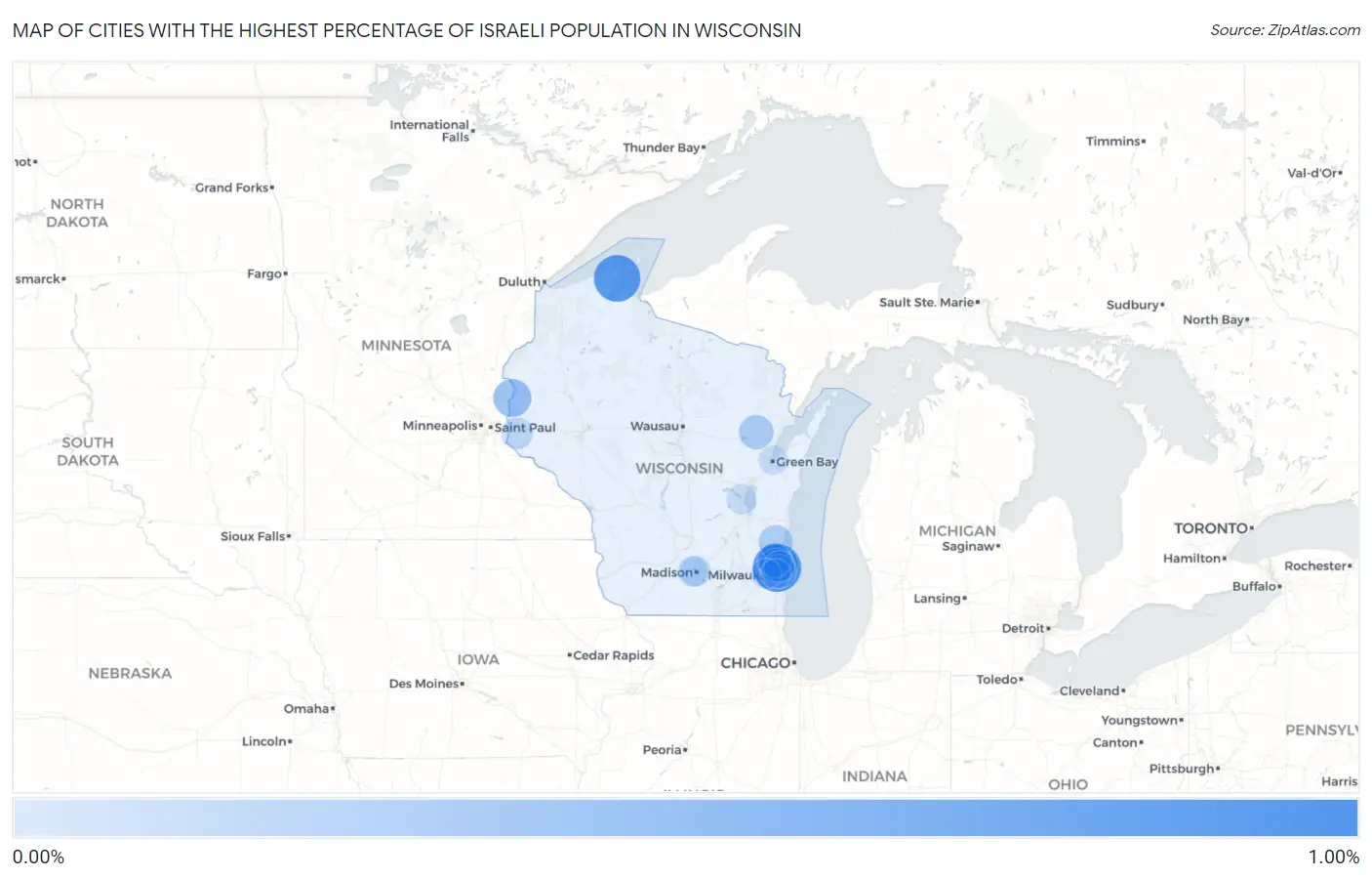 Cities with the Highest Percentage of Israeli Population in Wisconsin Map