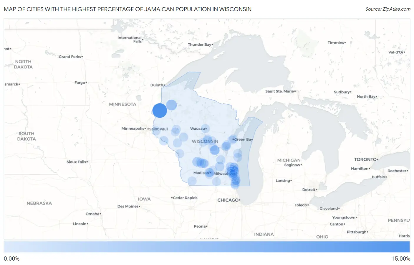 Cities with the Highest Percentage of Jamaican Population in Wisconsin Map