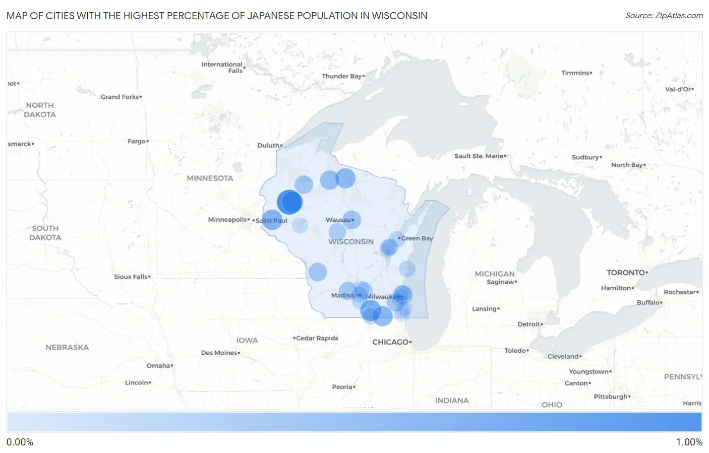 Cities with the Highest Percentage of Japanese Population in Wisconsin Map