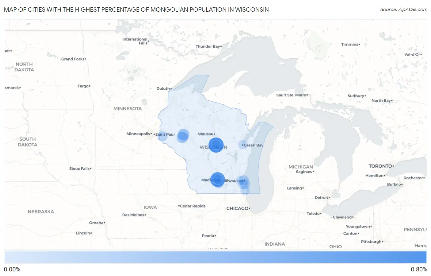 Cities with the Highest Percentage of Mongolian Population in Wisconsin Map