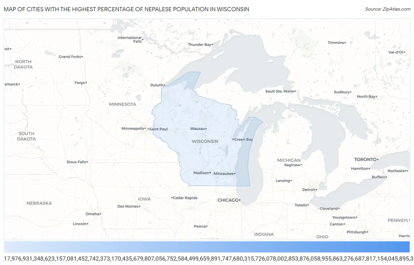 Cities with the Highest Percentage of Nepalese Population in Wisconsin Map