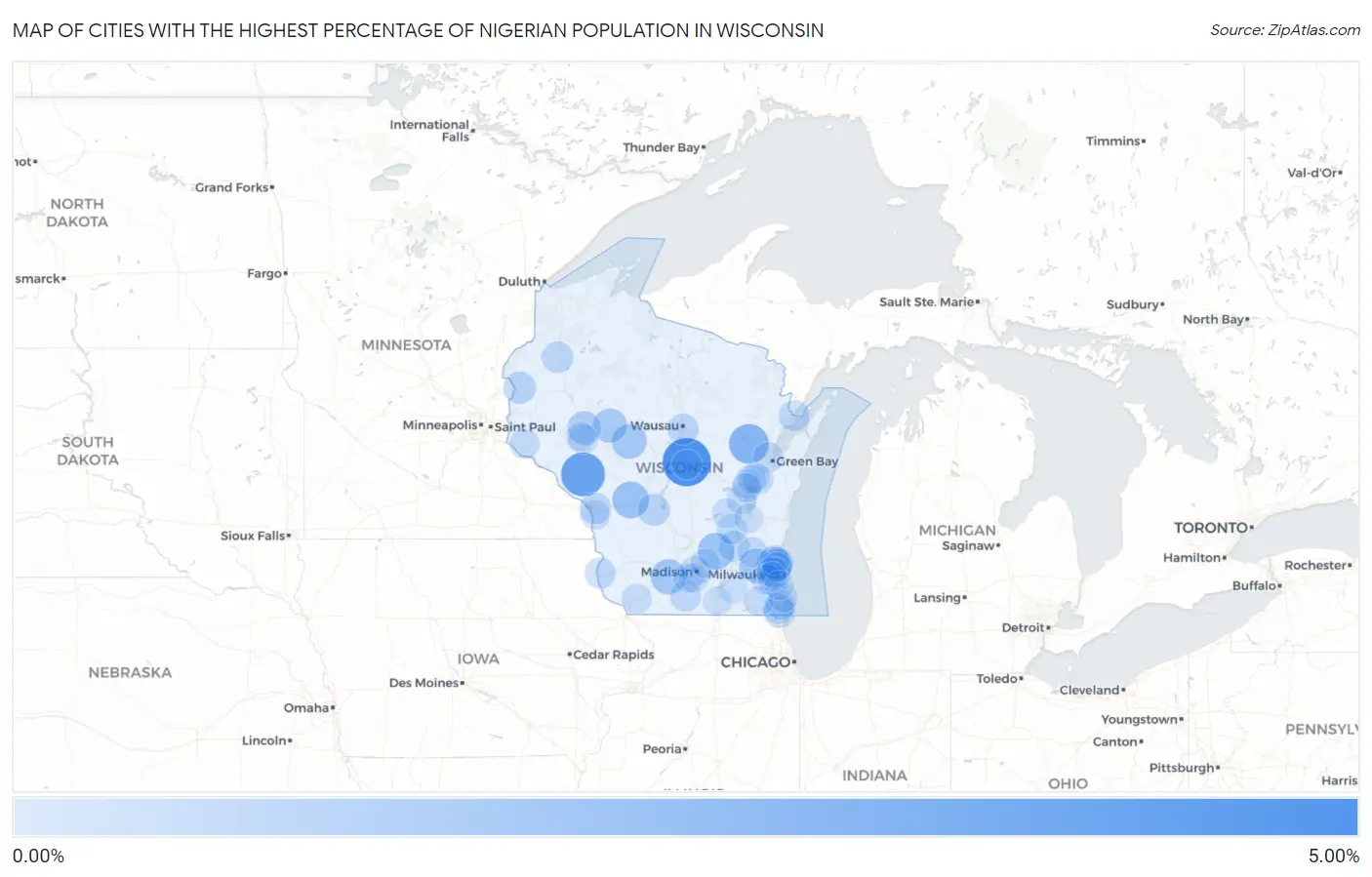 Cities with the Highest Percentage of Nigerian Population in Wisconsin Map