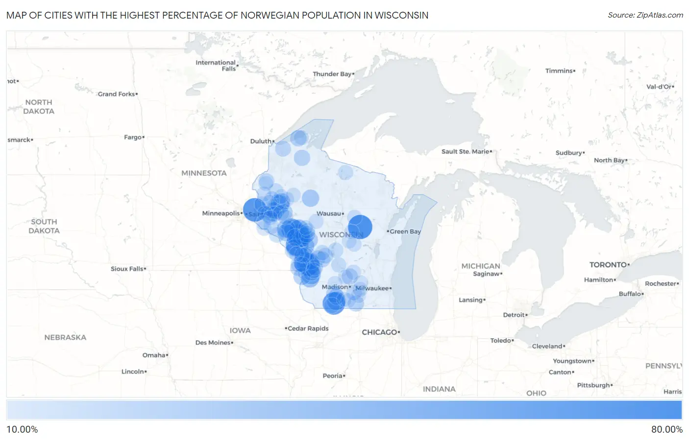 Cities with the Highest Percentage of Norwegian Population in Wisconsin Map