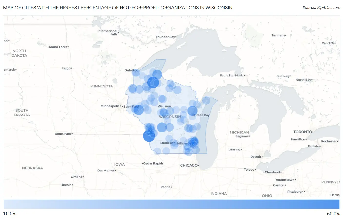 Cities with the Highest Percentage of Not-for-profit Organizations in Wisconsin Map