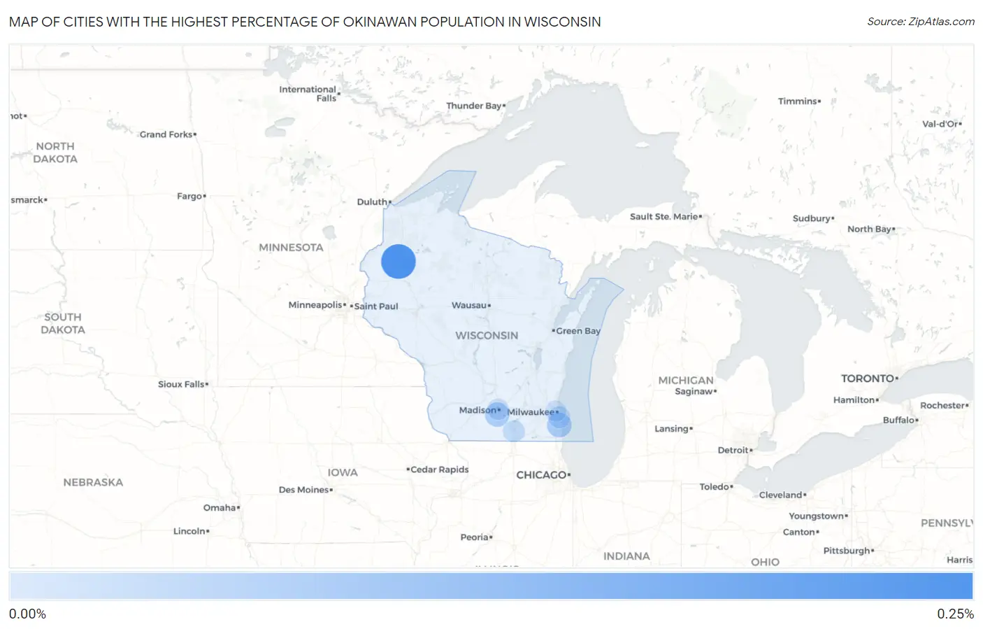 Cities with the Highest Percentage of Okinawan Population in Wisconsin Map