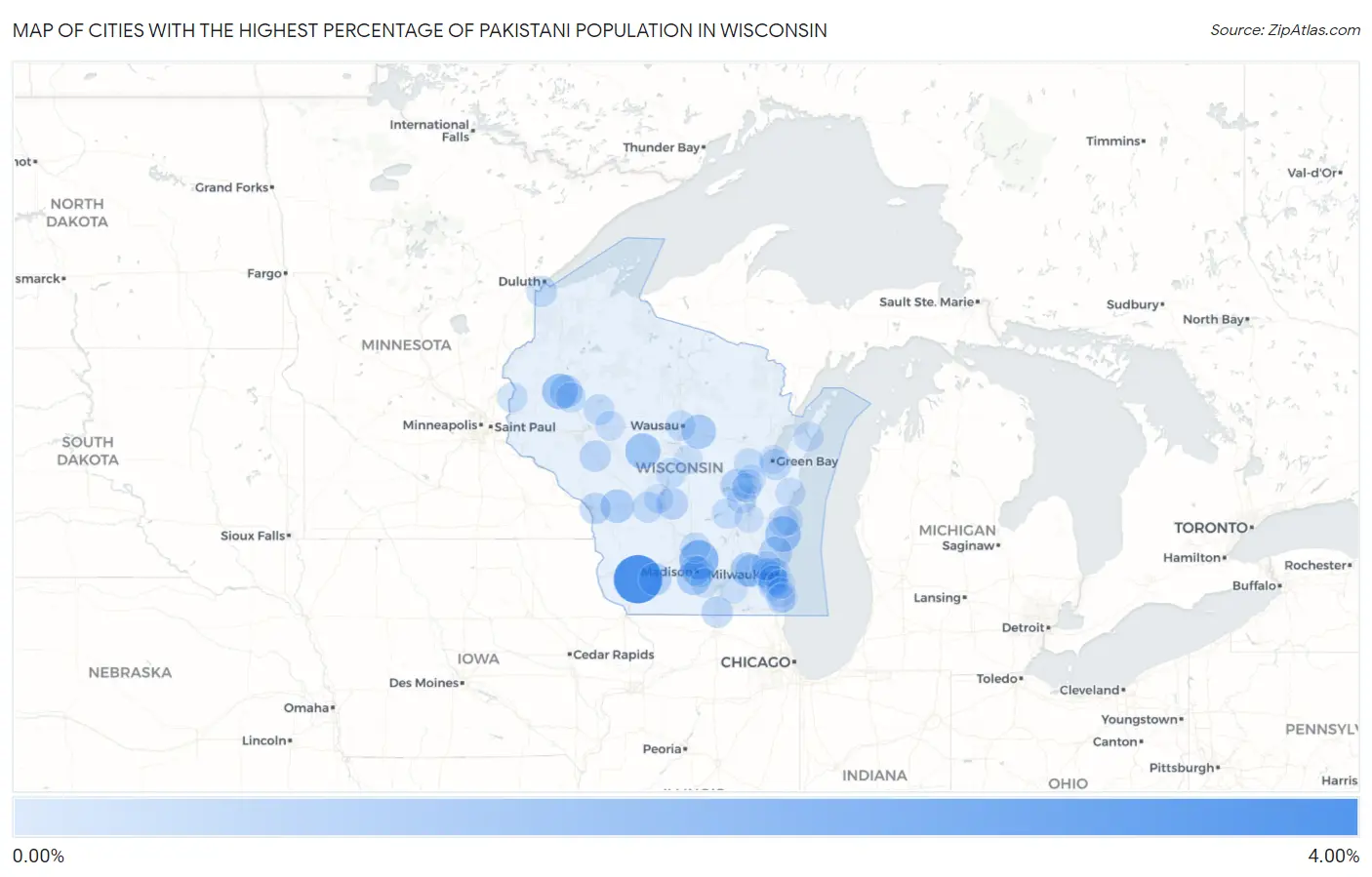 Cities with the Highest Percentage of Pakistani Population in Wisconsin Map