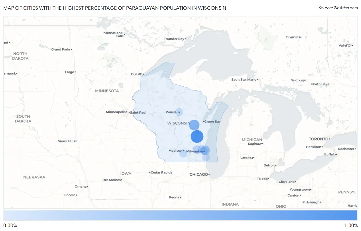 Cities with the Highest Percentage of Paraguayan Population in Wisconsin Map