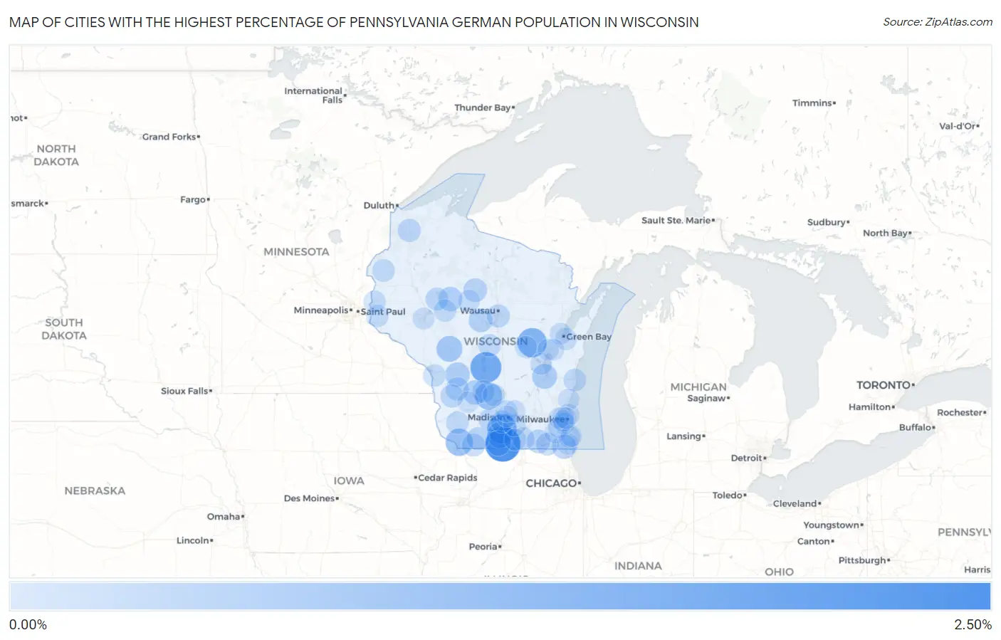 Cities with the Highest Percentage of Pennsylvania German Population in Wisconsin Map