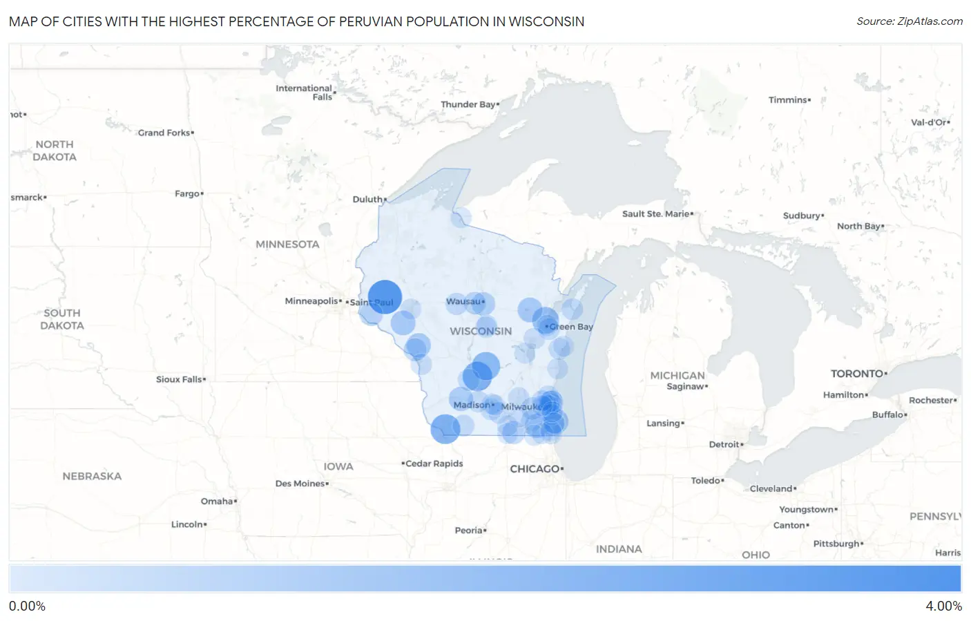 Cities with the Highest Percentage of Peruvian Population in Wisconsin Map