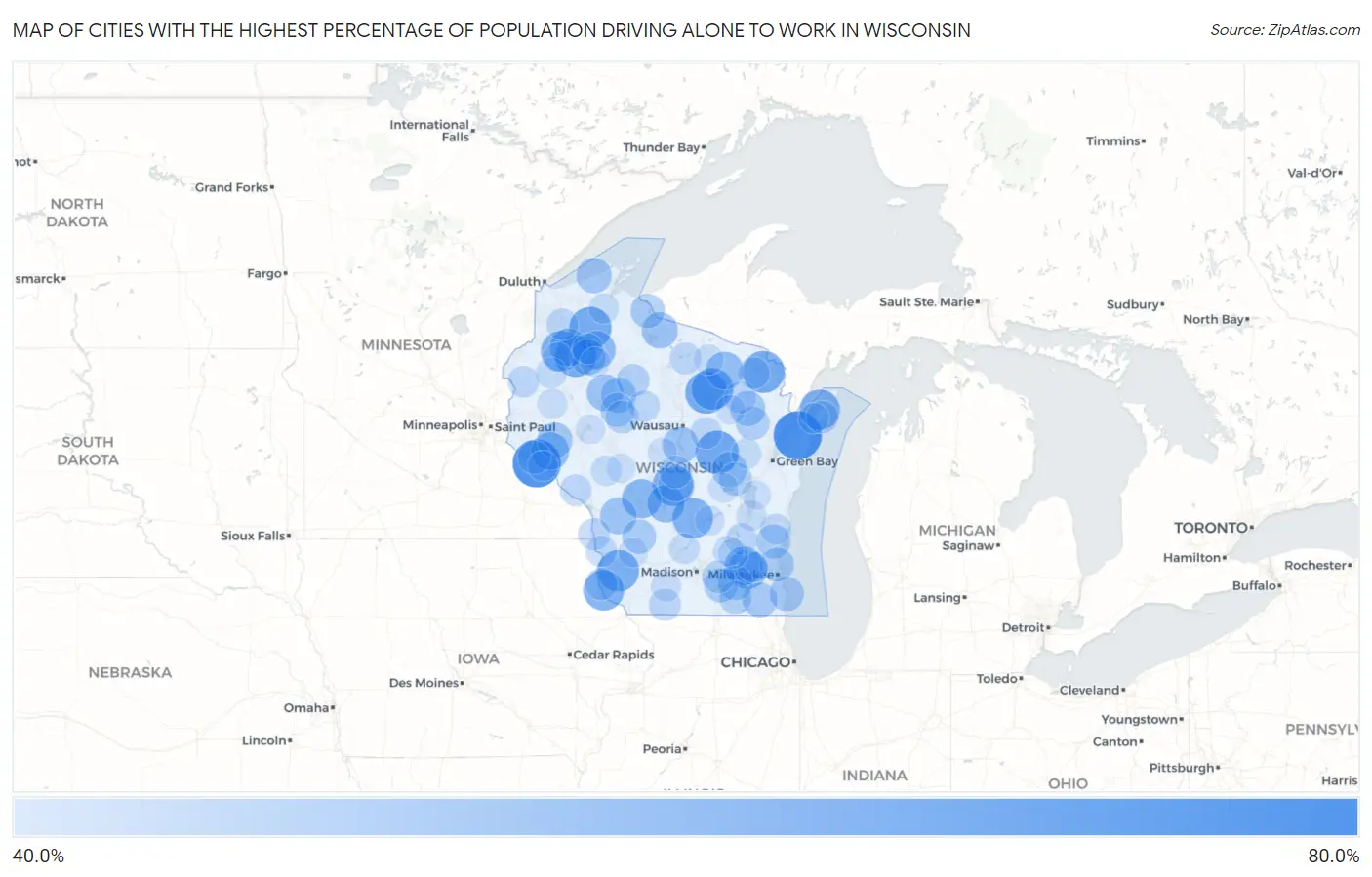 Cities with the Highest Percentage of Population Driving Alone to Work in Wisconsin Map