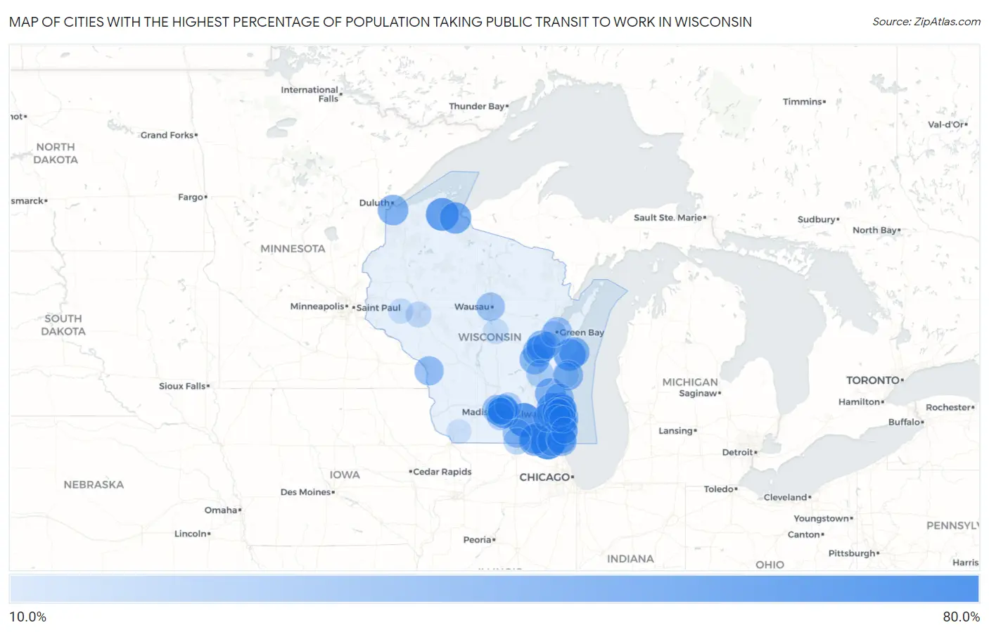 Cities with the Highest Percentage of Population Taking Public Transit to Work in Wisconsin Map