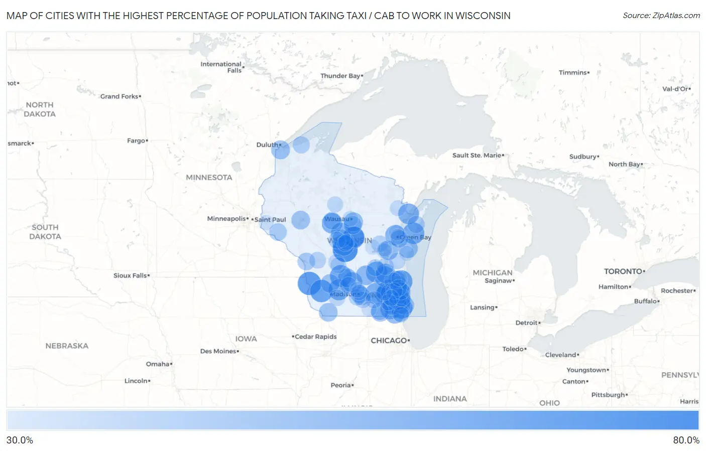 Cities with the Highest Percentage of Population Taking Taxi / Cab to Work in Wisconsin Map