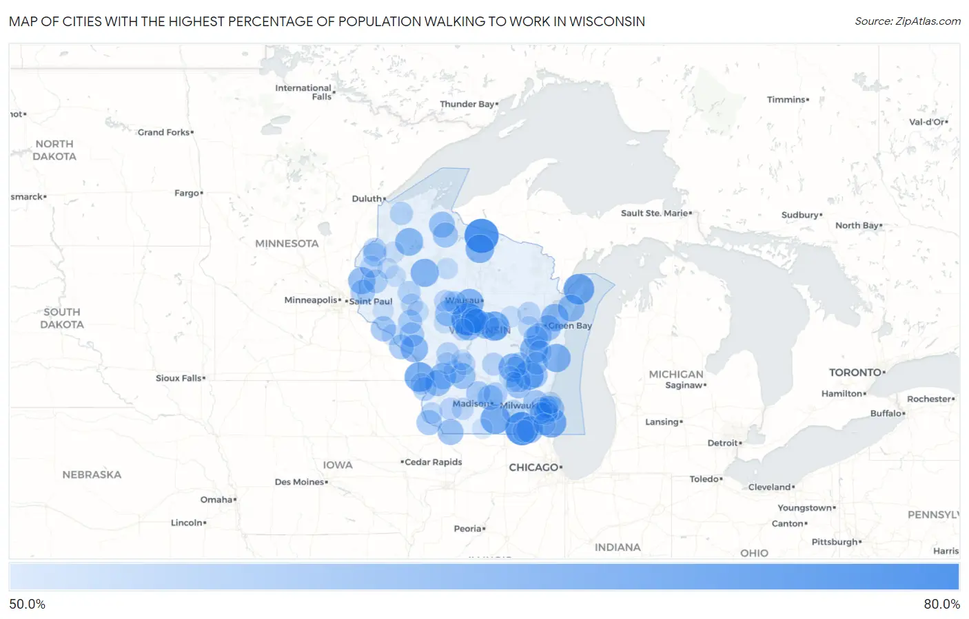 Cities with the Highest Percentage of Population Walking to Work in Wisconsin Map
