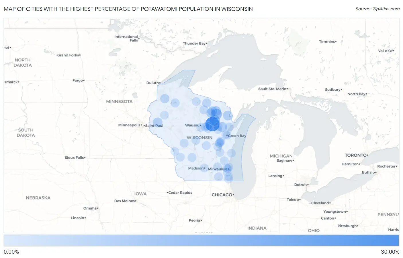 Cities with the Highest Percentage of Potawatomi Population in Wisconsin Map