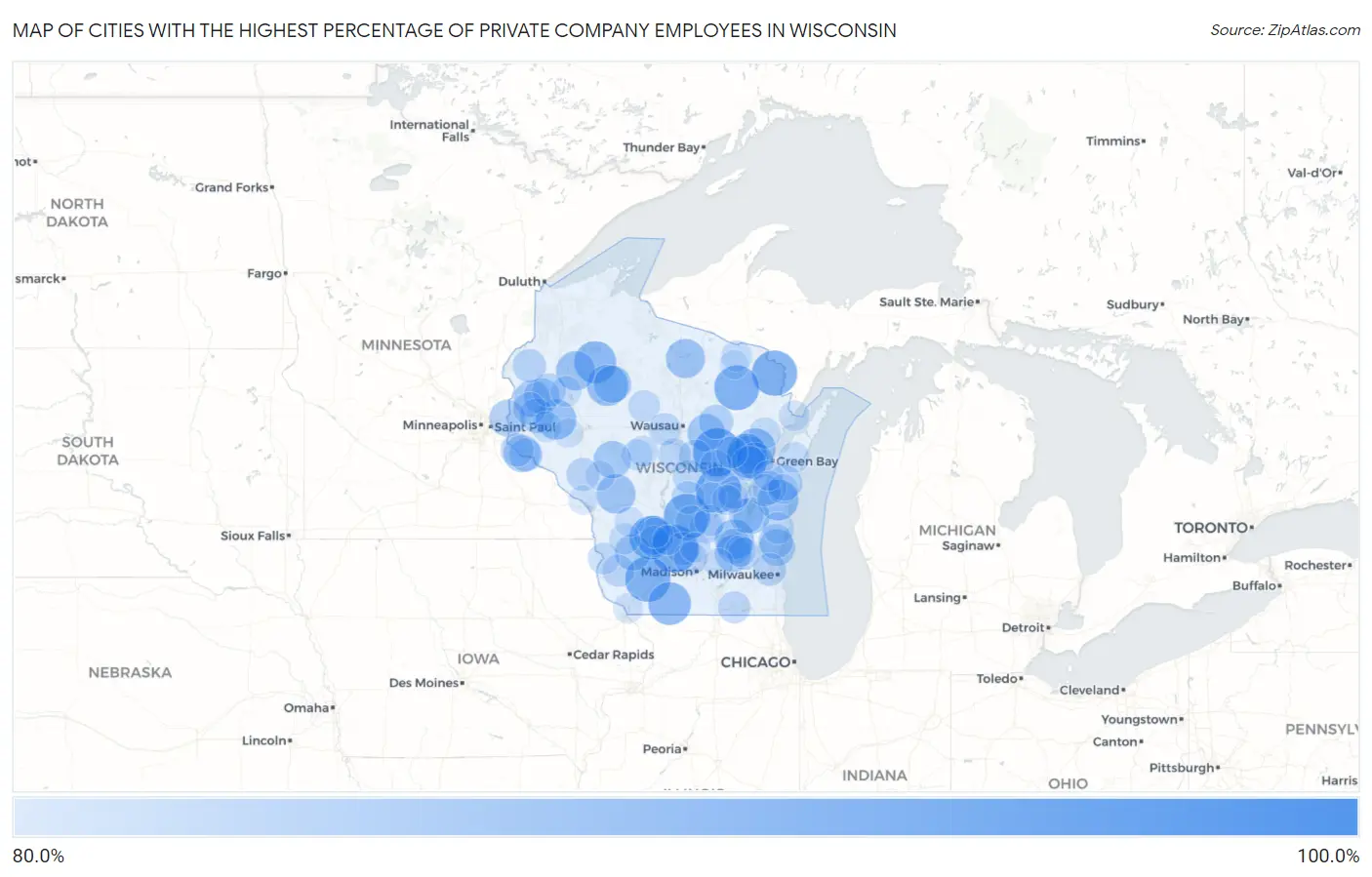 Cities with the Highest Percentage of Private Company Employees in Wisconsin Map