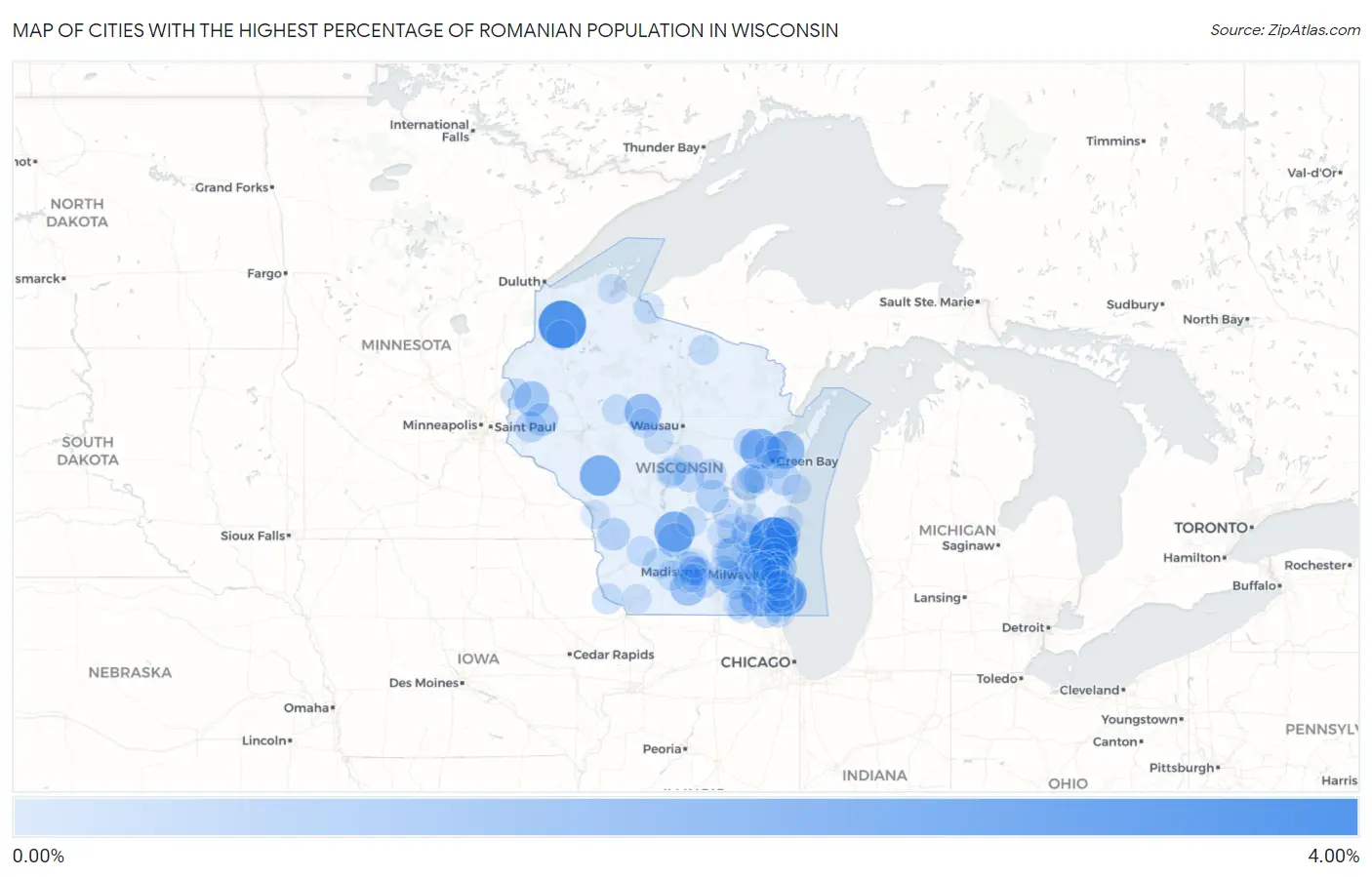 Cities with the Highest Percentage of Romanian Population in Wisconsin Map