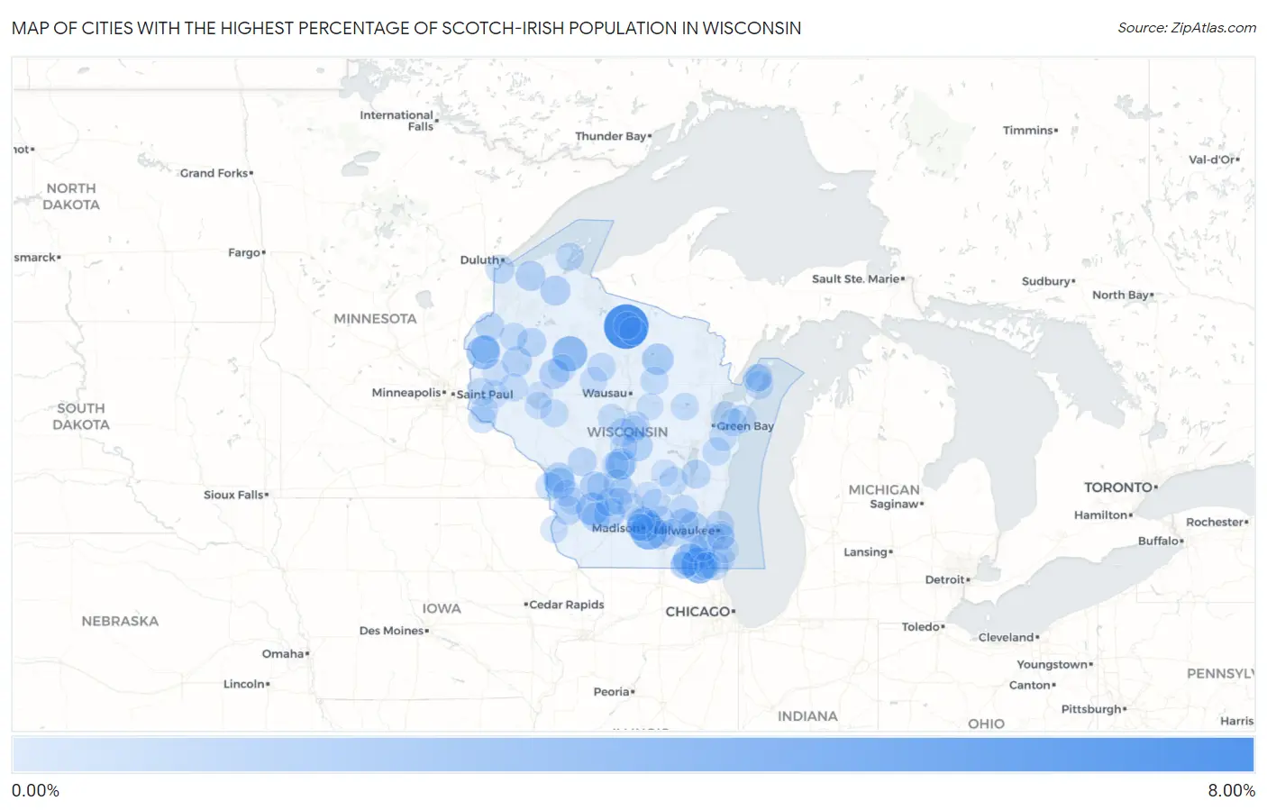 Cities with the Highest Percentage of Scotch-Irish Population in Wisconsin Map