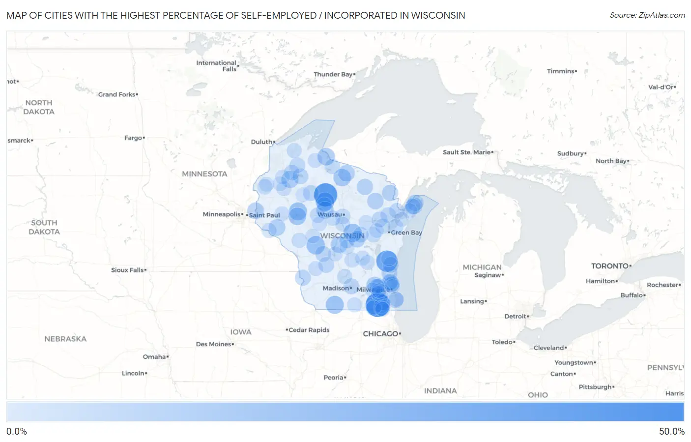 Cities with the Highest Percentage of Self-Employed / Incorporated in Wisconsin Map