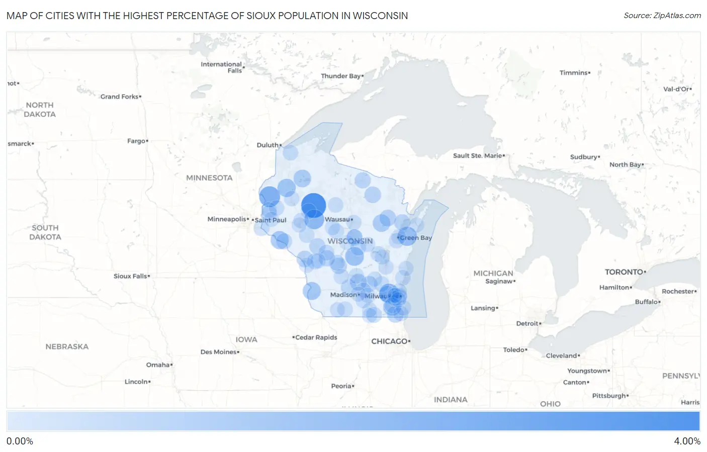 Cities with the Highest Percentage of Sioux Population in Wisconsin Map