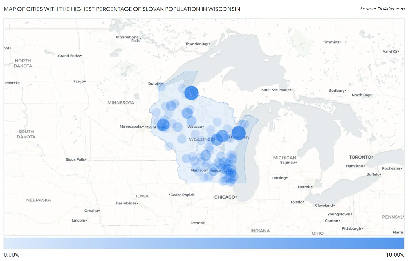 Cities with the Highest Percentage of Slovak Population in Wisconsin Map
