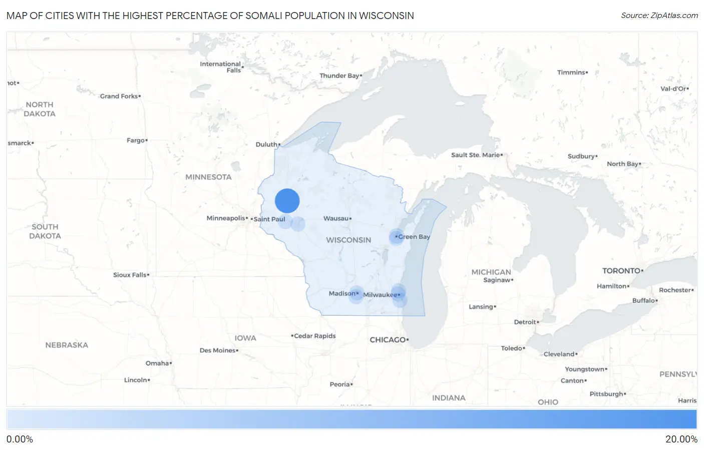 Cities with the Highest Percentage of Somali Population in Wisconsin Map