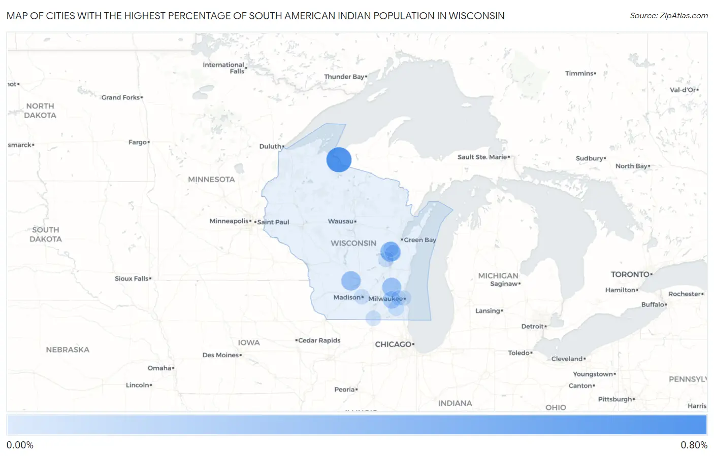 Cities with the Highest Percentage of South American Indian Population in Wisconsin Map
