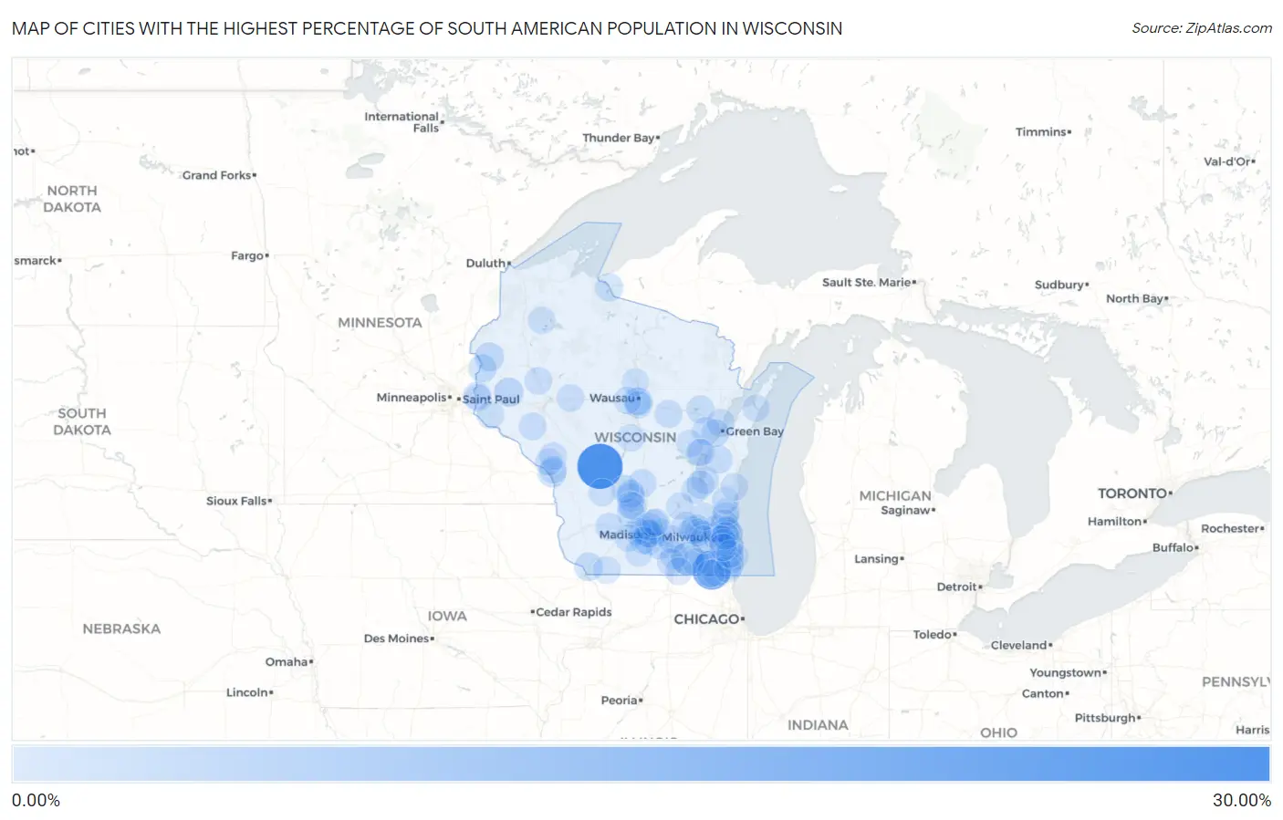 Cities with the Highest Percentage of South American Population in Wisconsin Map