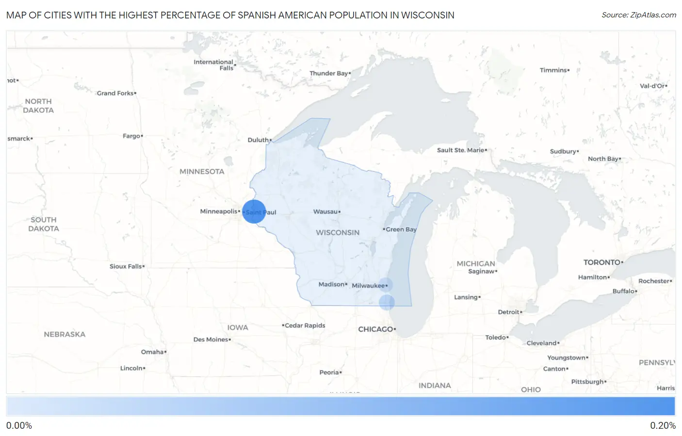 Cities with the Highest Percentage of Spanish American Population in Wisconsin Map