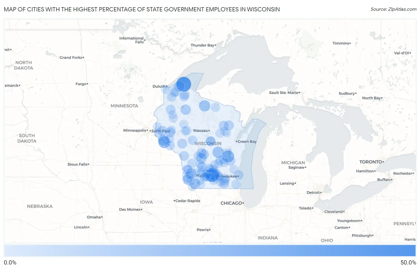 Cities with the Highest Percentage of State Government Employees in Wisconsin Map