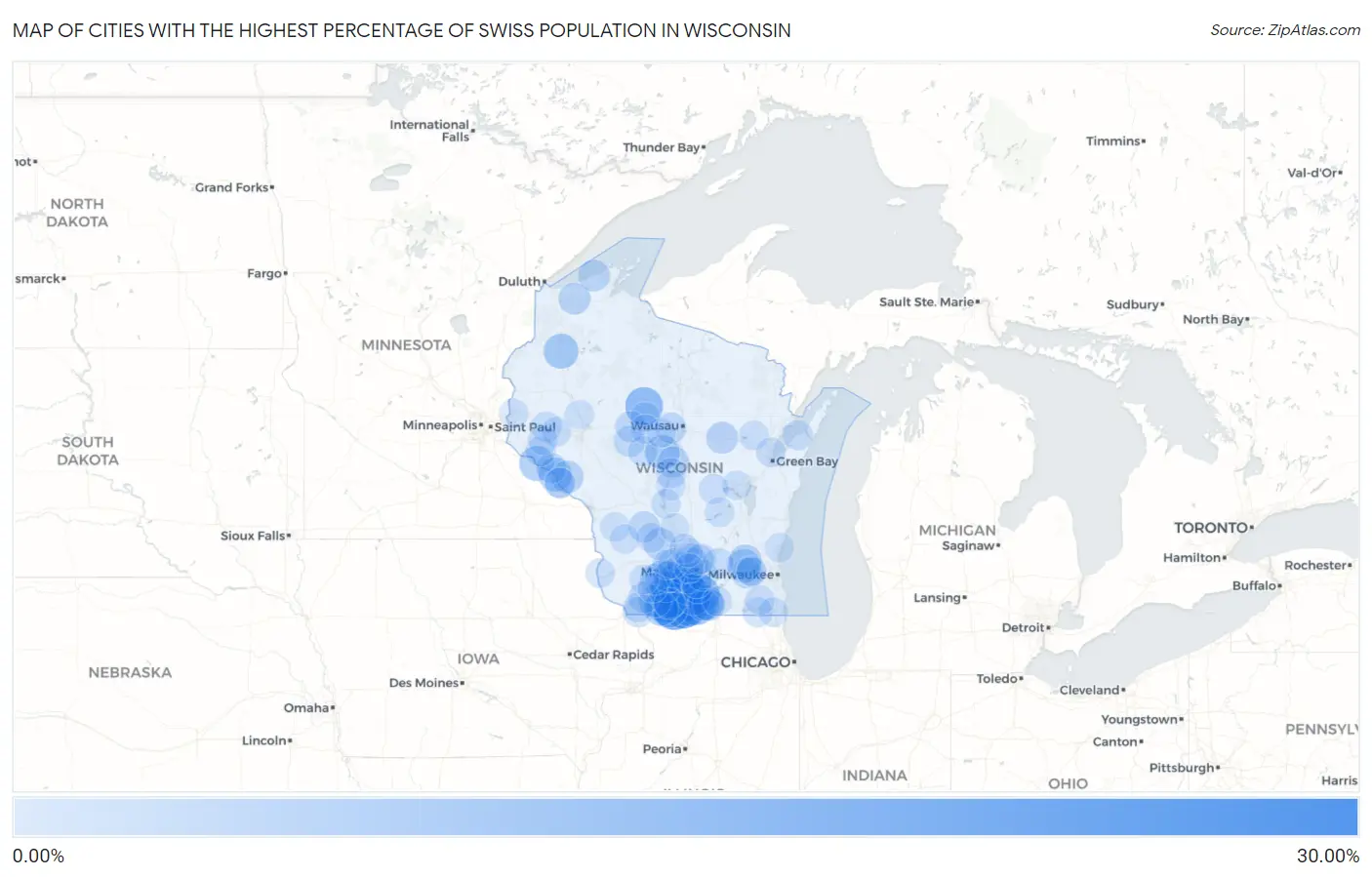 Cities with the Highest Percentage of Swiss Population in Wisconsin Map