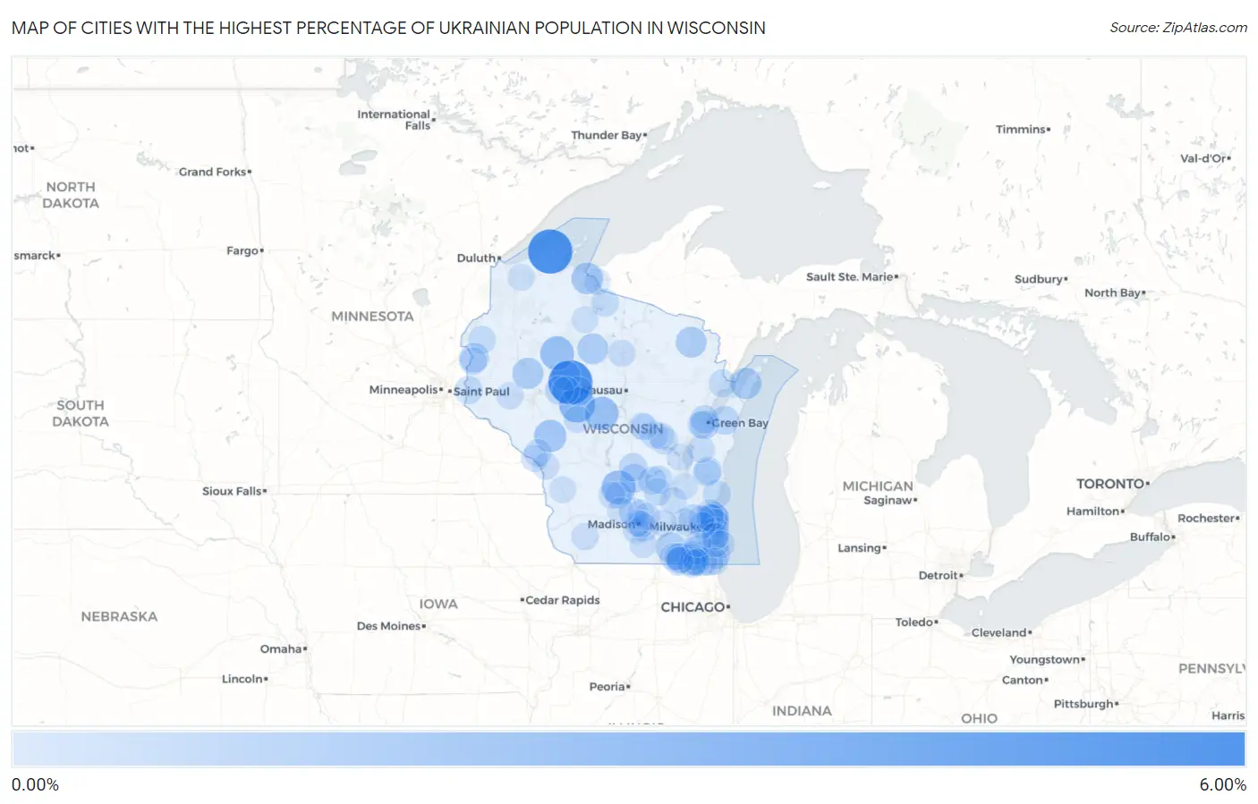Cities with the Highest Percentage of Ukrainian Population in Wisconsin Map