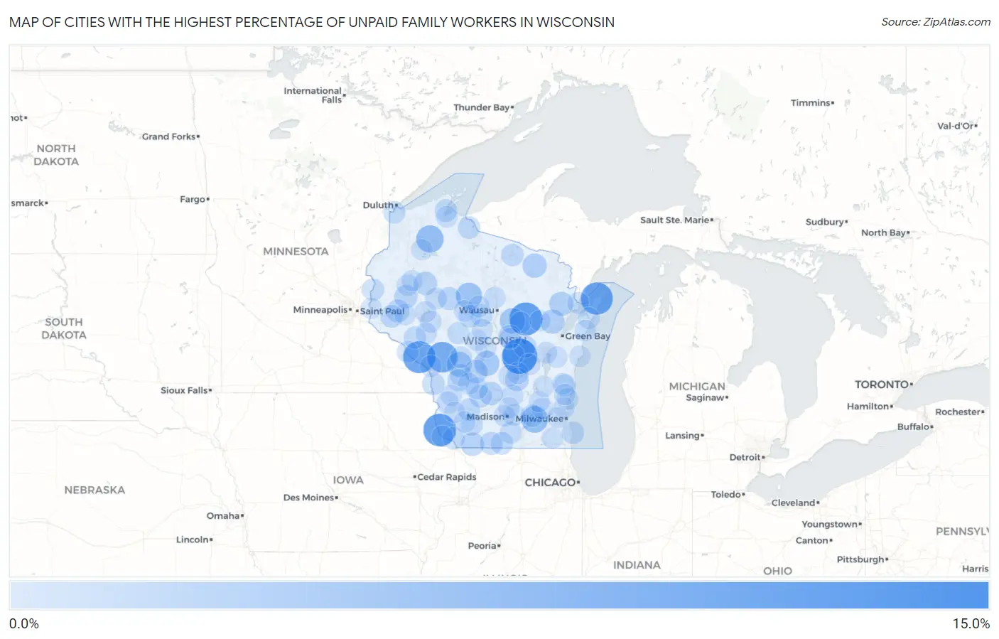 Cities with the Highest Percentage of Unpaid Family Workers in Wisconsin Map