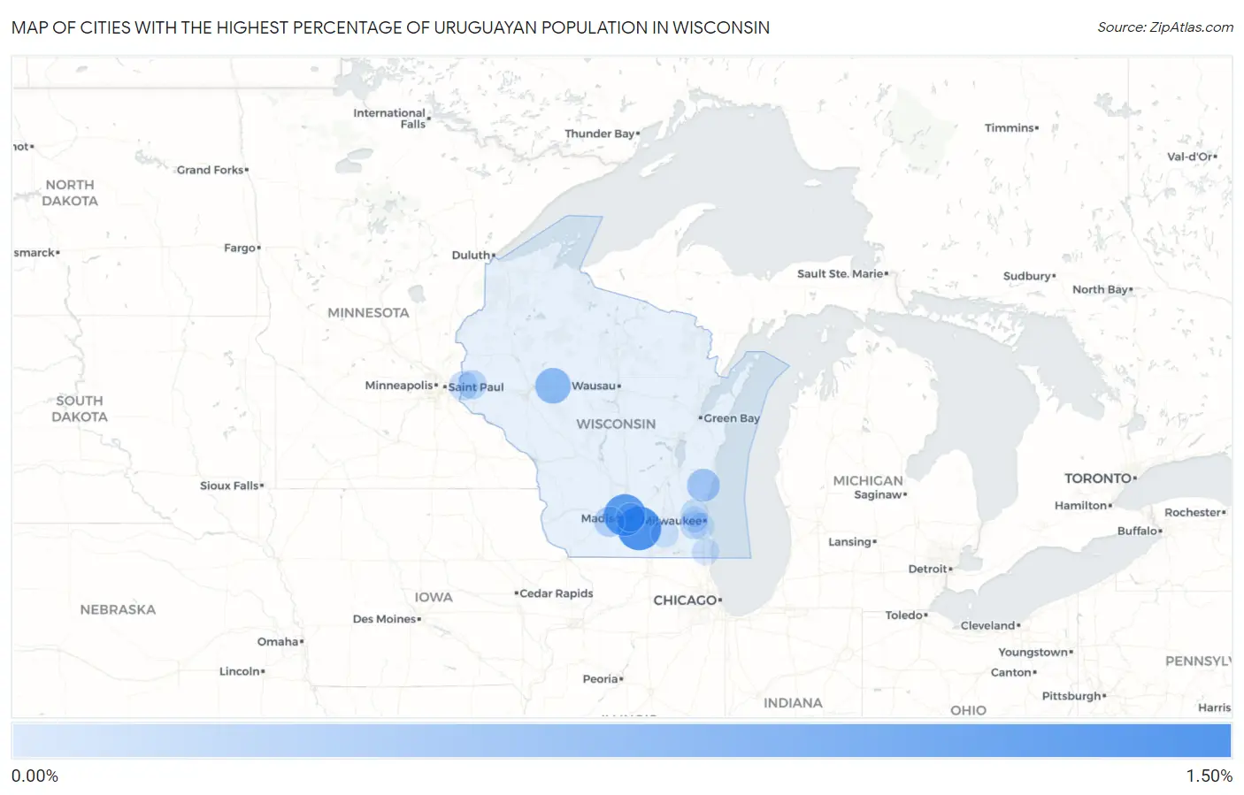 Cities with the Highest Percentage of Uruguayan Population in Wisconsin Map