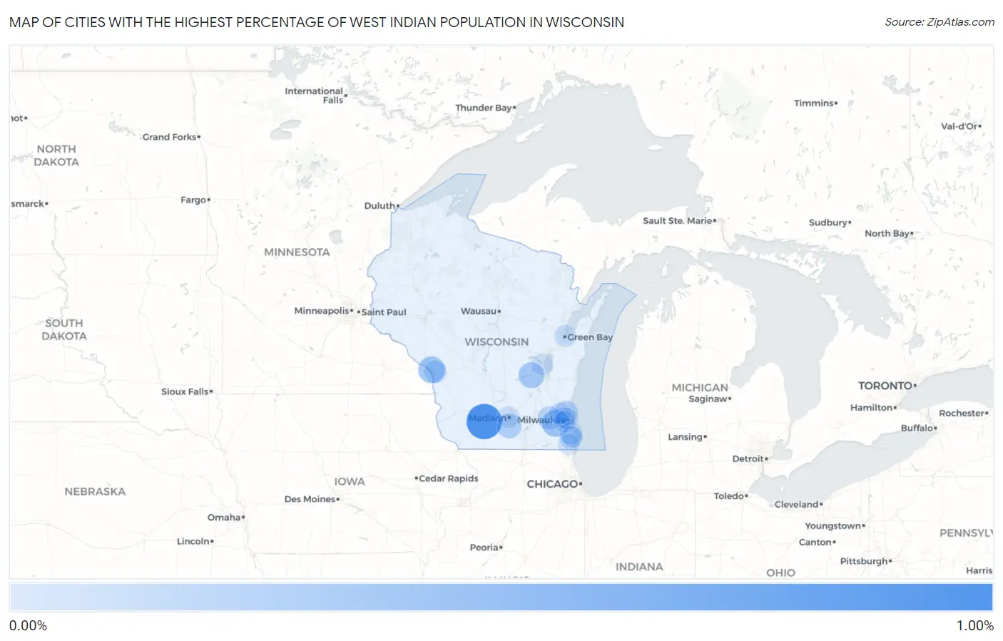 Cities with the Highest Percentage of West Indian Population in Wisconsin Map