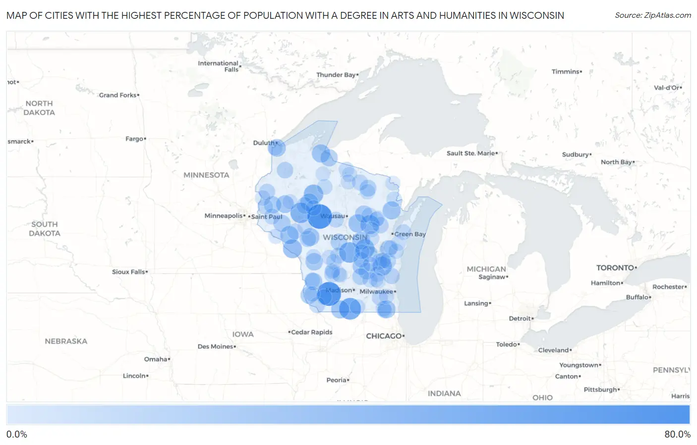 Cities with the Highest Percentage of Population with a Degree in Arts and Humanities in Wisconsin Map