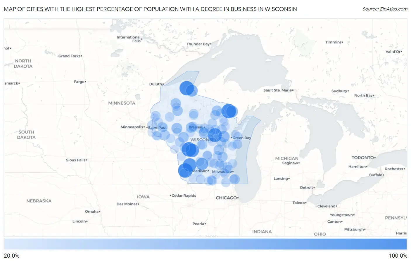 Cities with the Highest Percentage of Population with a Degree in Business in Wisconsin Map