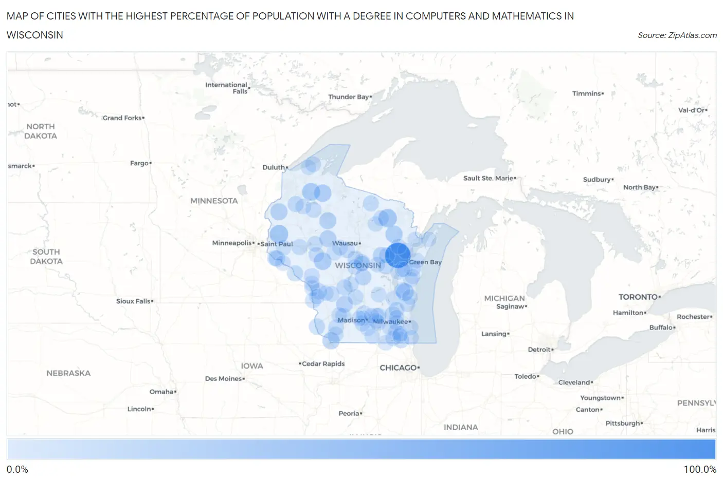 Cities with the Highest Percentage of Population with a Degree in Computers and Mathematics in Wisconsin Map