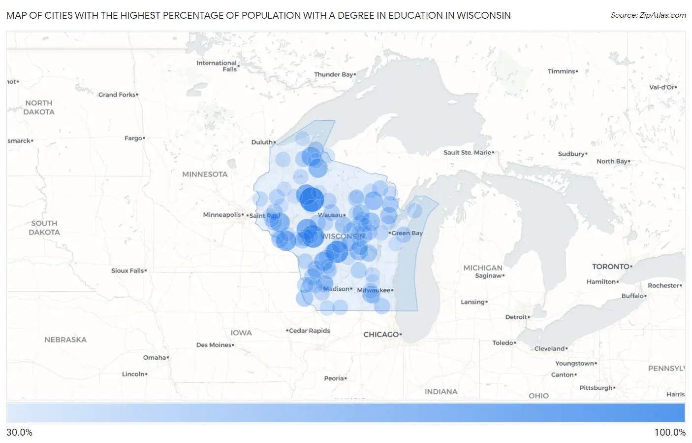 Cities with the Highest Percentage of Population with a Degree in Education in Wisconsin Map