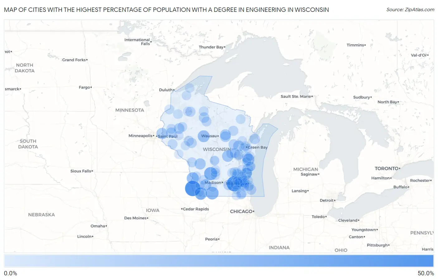 Cities with the Highest Percentage of Population with a Degree in Engineering in Wisconsin Map