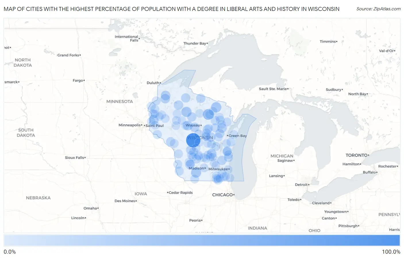 Cities with the Highest Percentage of Population with a Degree in Liberal Arts and History in Wisconsin Map