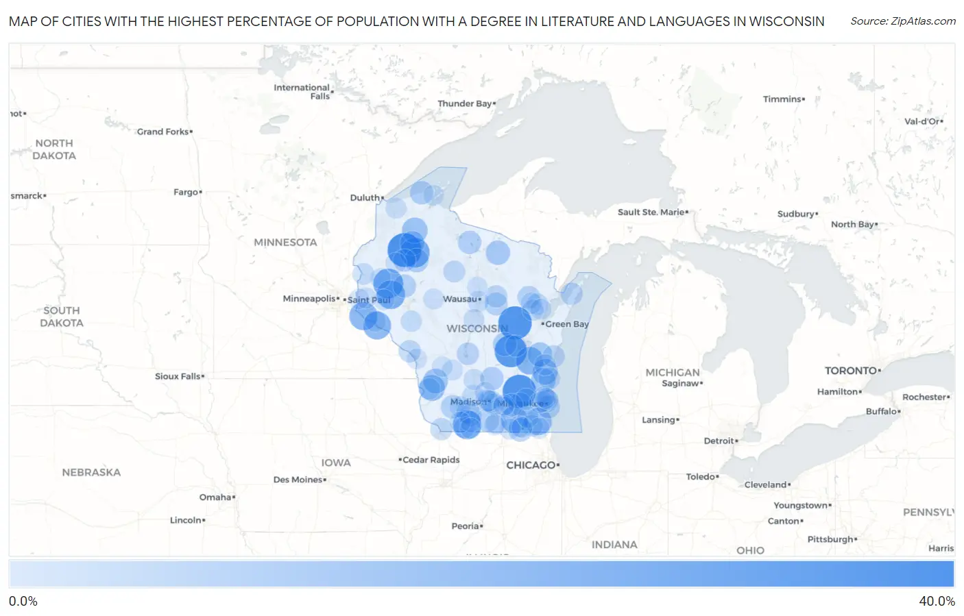 Cities with the Highest Percentage of Population with a Degree in Literature and Languages in Wisconsin Map