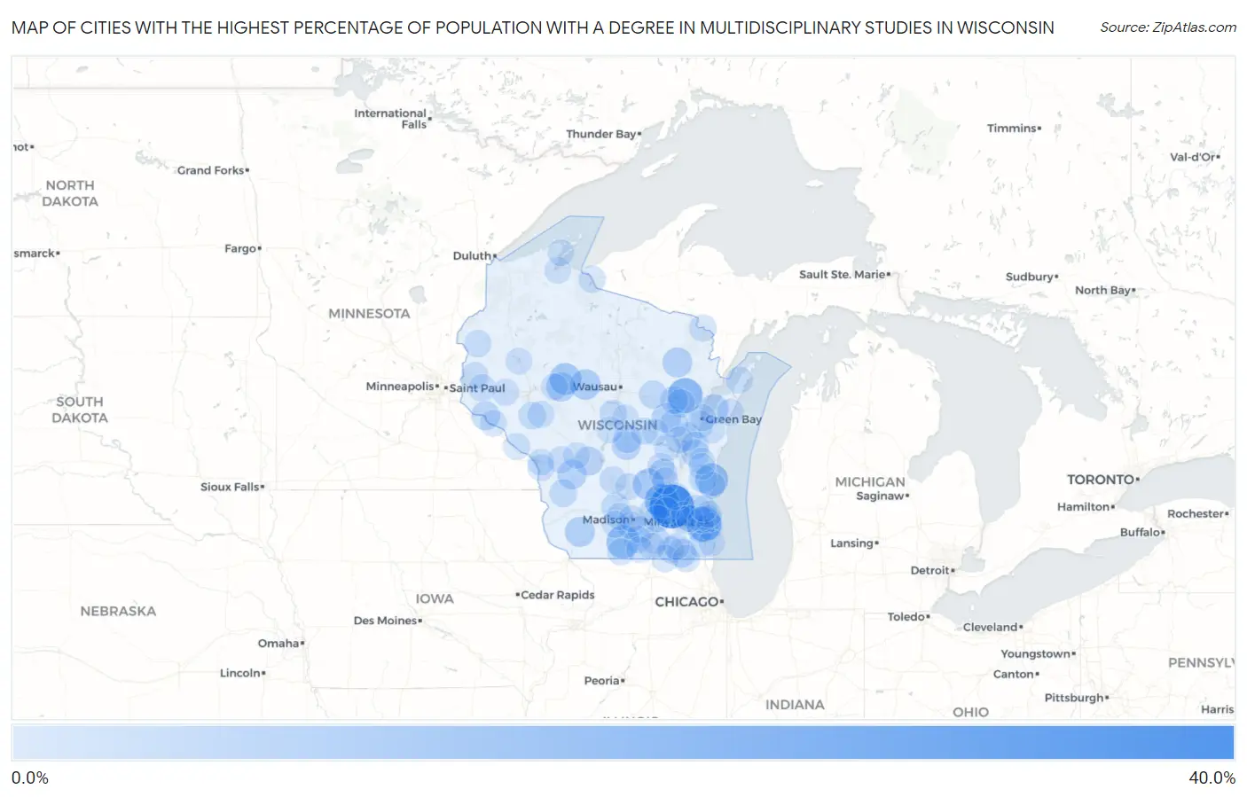 Cities with the Highest Percentage of Population with a Degree in Multidisciplinary Studies in Wisconsin Map